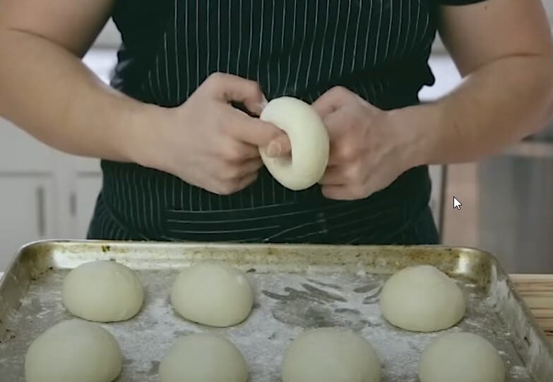 Bagels with cream cheese roll ball poke hole